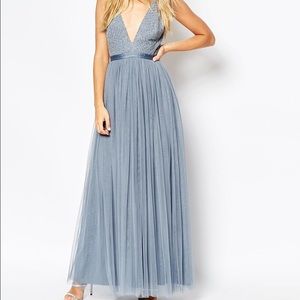 Plunge neck gown w/ tulle skirt | Needle & Thread