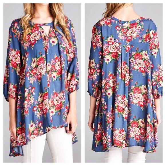 SWING TUNIC Floral Printed Top High Low Bohemian - Picture 2 of 4