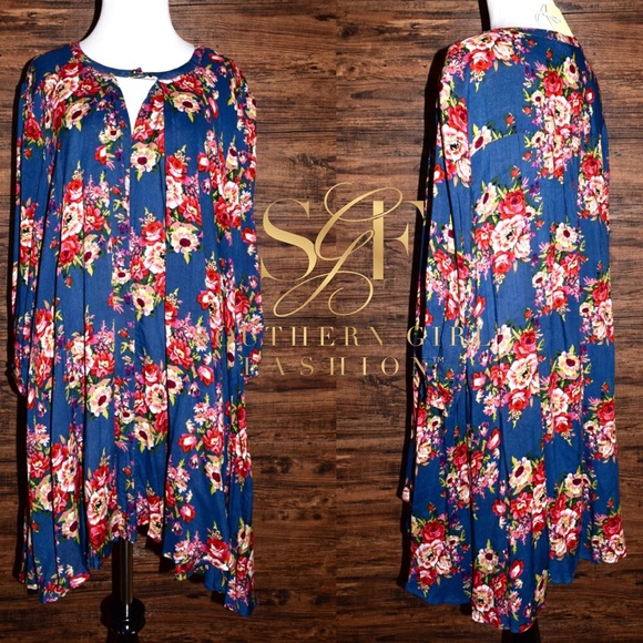 SWING TUNIC Floral Printed Top High Low Bohemian - Picture 3 of 4