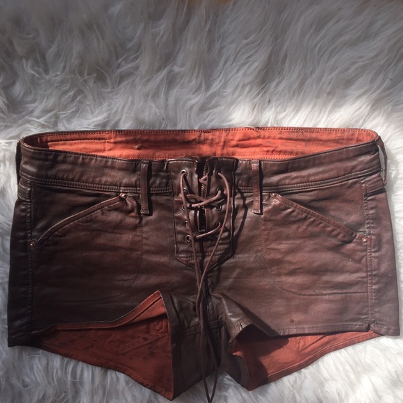 H&M Sz 6 brown waxed short shorts w/ lace up front