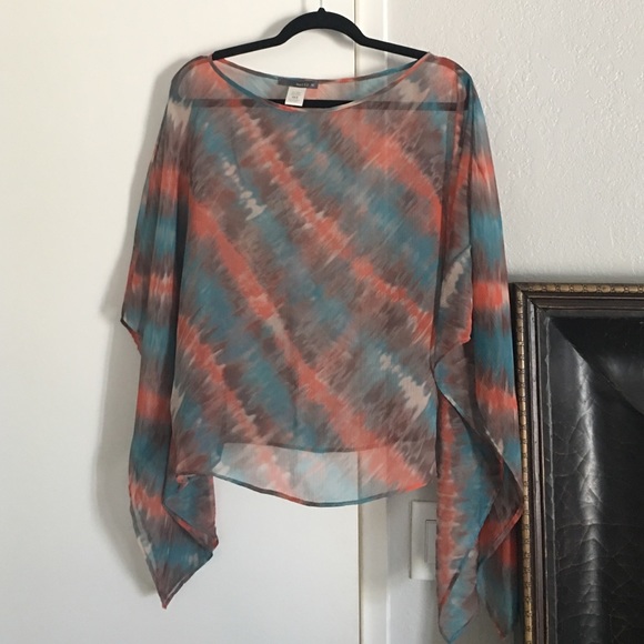 Sheer top in cream, orange, brown and turquoise