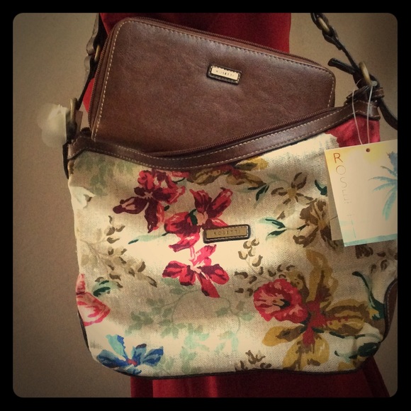 Rosetti bag with removable brown leather wallet.