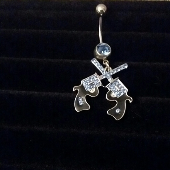 Double pistol dangle belly ring, blue rhinestones