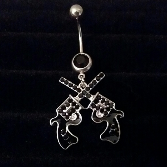 Double pistol dangle belly ring, black rhinestones