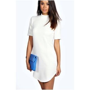 White Ribbed Bodycon Dress w/Curved Hem