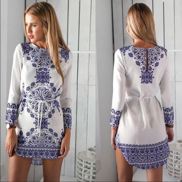 Porcelain Print Blue White Mini Dress