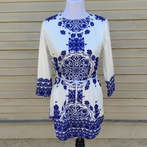 Porcelain Print Blue White Mini Dress