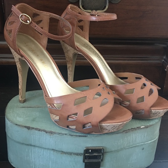 4"  brown leather peep toe cut out with Cork heel