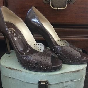 Dark brown peep toe pump