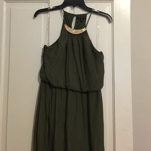 Women's long dark green around the neck dress