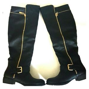 Black Knee High Boots with Gold