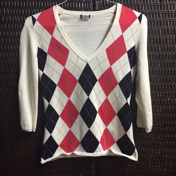 j.Crew V-neck sweater argyle black coral white - Picture 1 of 2