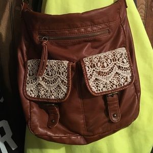 Brown leather & lace purse cross body