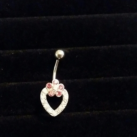 Rhinestone heart, pink flower belly ring