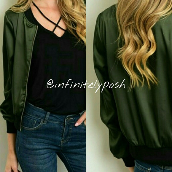 🛍 Satin Dark Olive Bomber Jacket - Picture 2 of 4
