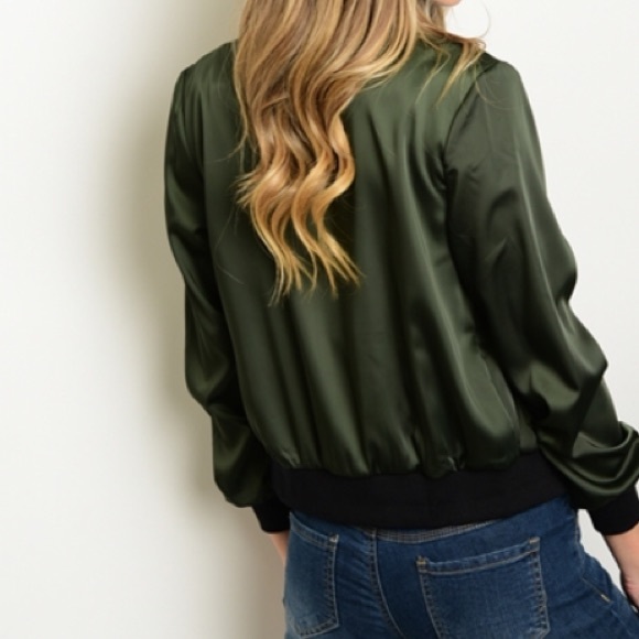 🛍 Satin Dark Olive Bomber Jacket - Picture 3 of 4