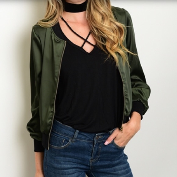 Jackets & Blazers - 🛍 Satin Dark Olive Bomber Jacket