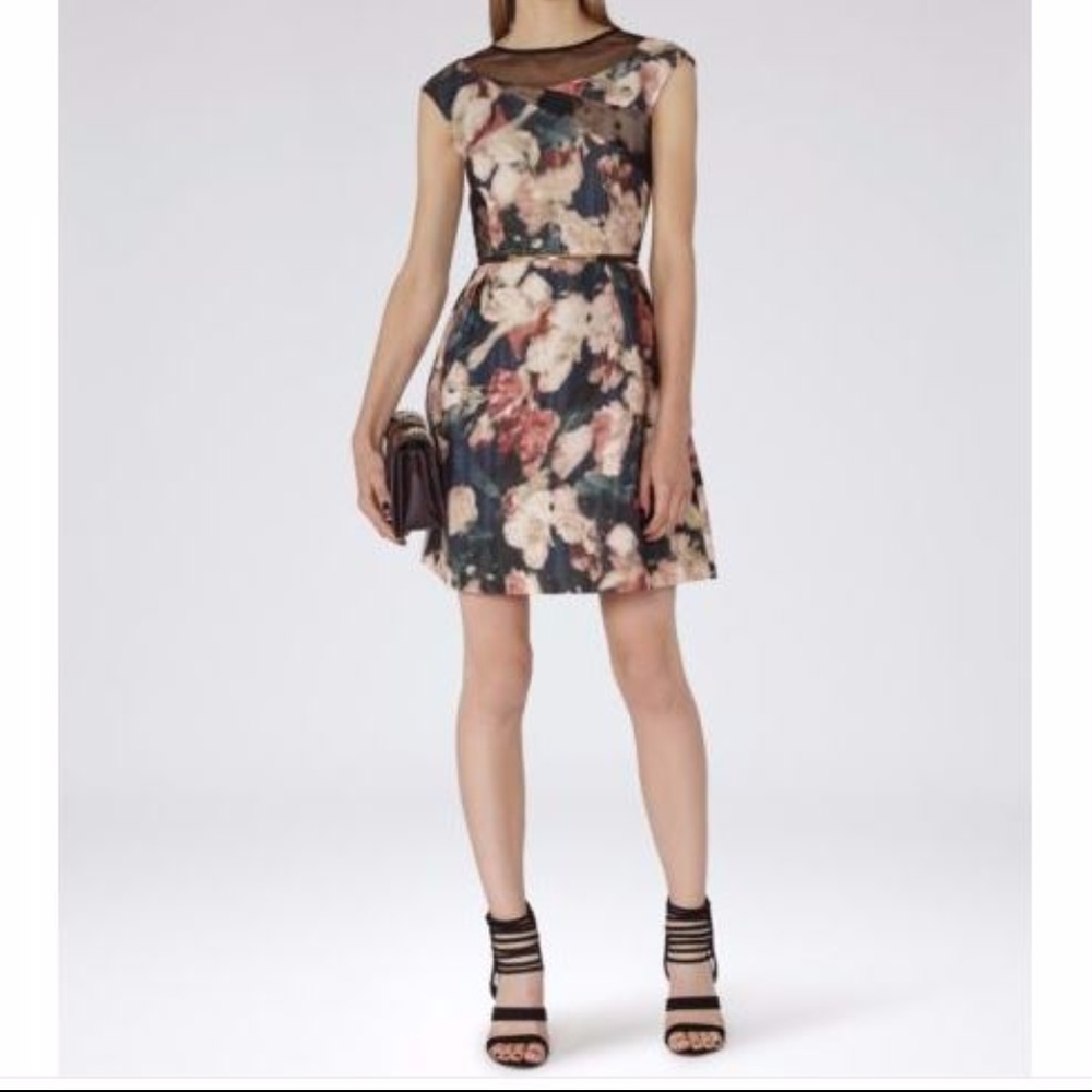 Reiss Blue Wynne Printed Fit And Flare Dress