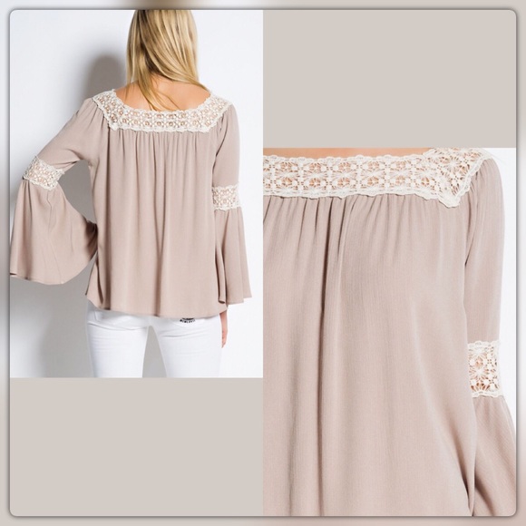 1 Med Left • Taupe Peasant Bell Sleeved Top - Picture 2 of 4