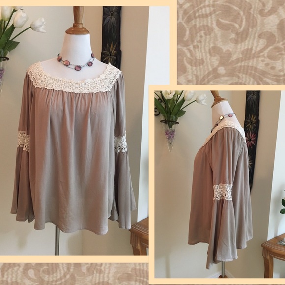 1 Med Left • Taupe Peasant Bell Sleeved Top - Picture 3 of 4