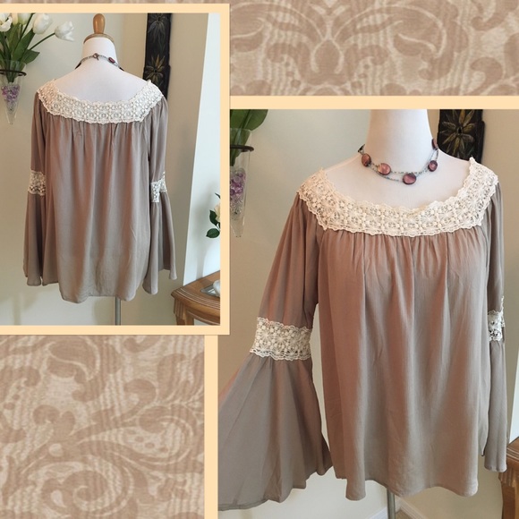 1 Med Left • Taupe Peasant Bell Sleeved Top - Picture 4 of 4