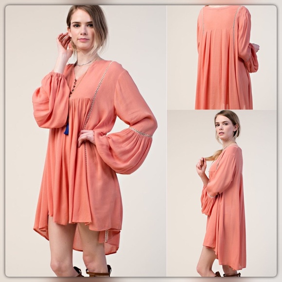 1 Small 1 Medium Left✔️Midi Coral Peasant Dress - Picture 2 of 4