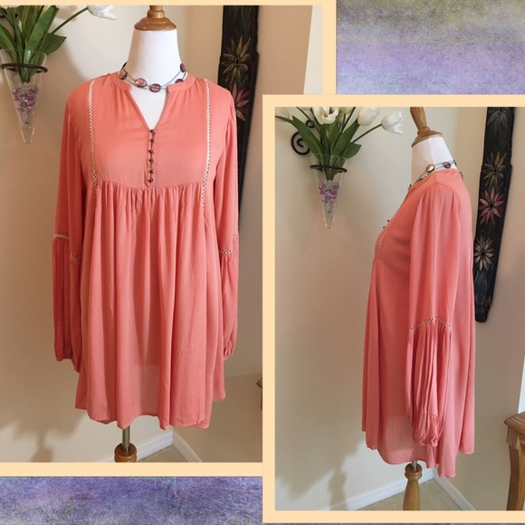1 Small 1 Medium Left✔️Midi Coral Peasant Dress - Picture 3 of 4