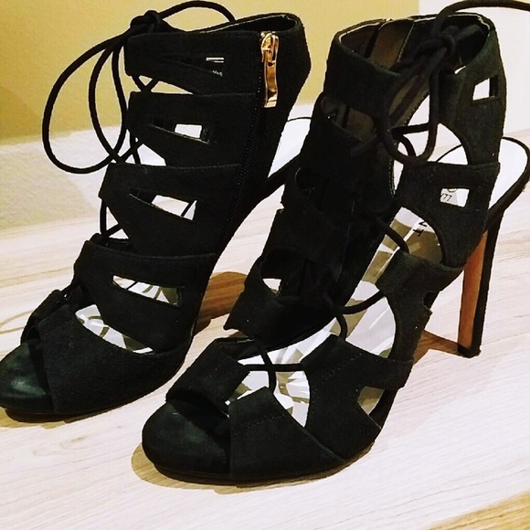 Black Suede Lace Up Heels - Picture 2 of 4
