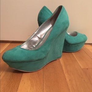 Teal platform wedged heels