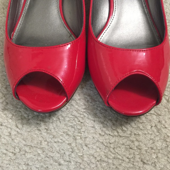 Red Patent Leather Peep Toe Wedges - Picture 2 of 4