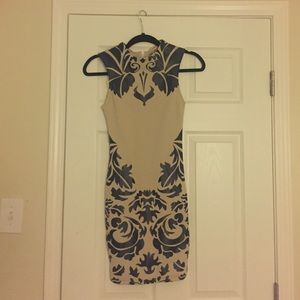Reverse high neck foil print dress in cream & navy