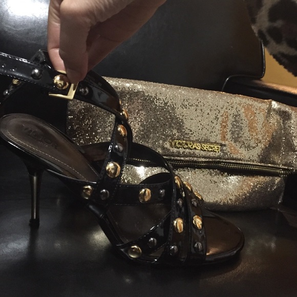 Gold Studded strappy sandals 3.5" & VS clutch