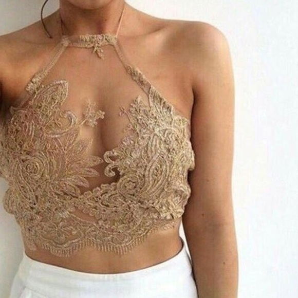 For Love and Lemons Tops - Tan Lace Halter Crop Top