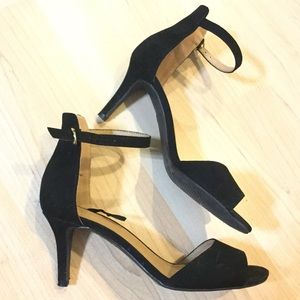 H&M Black Faux Suede Ankle Strap Mid Heels
