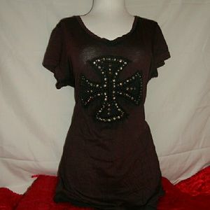 Wine Stonewashed T-Shirt W/Cross Design