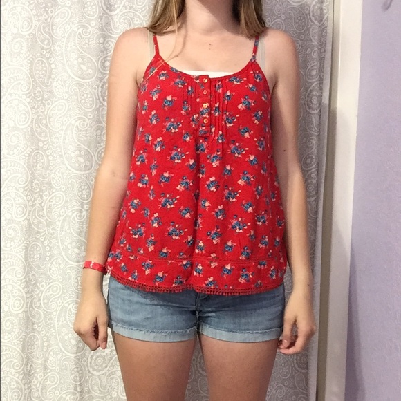 red floral tank top