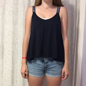 blue crop/tank top w detailed ribbon like straps