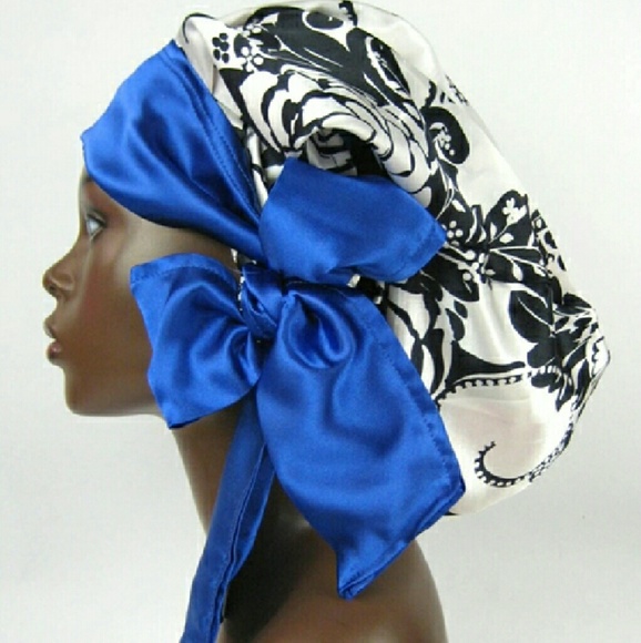 Handmade Satin Sleep Bonnet Cap-Floral-White-Black