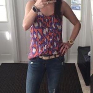 CAbi rayon top in orange and purple spot print