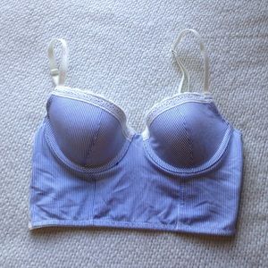 Pinstriped and lace trimmed longline bra