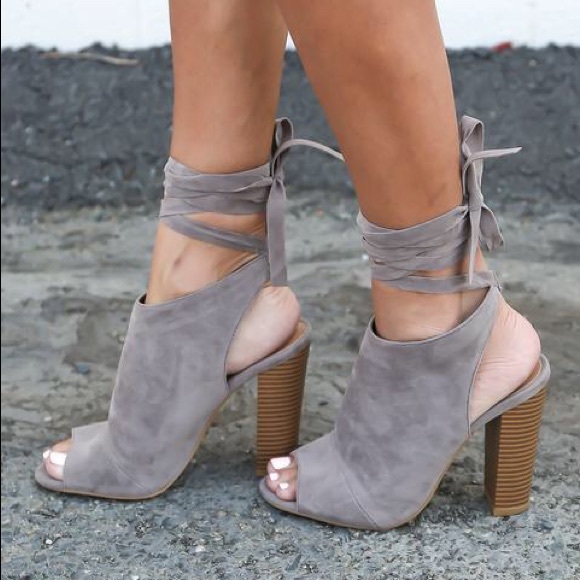 Taupe open toe mule lace up heels - Picture 3 of 4