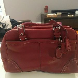 Coach red leather medicine satchel white stitching