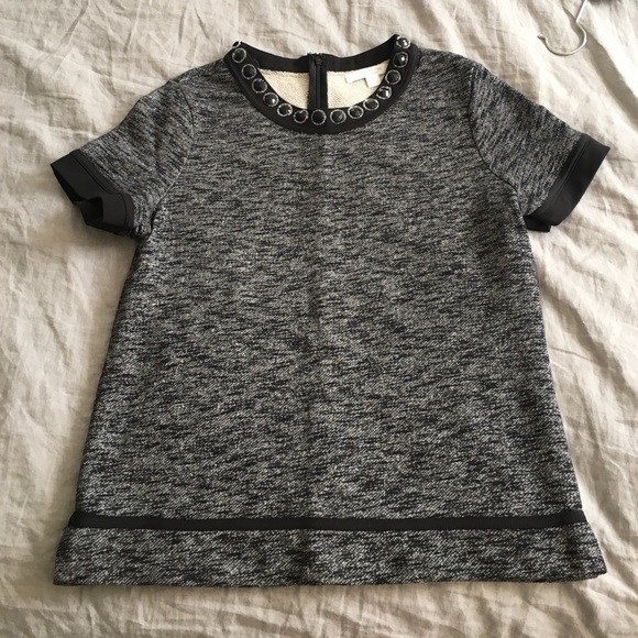 Jeweled neck short sleeved sweater