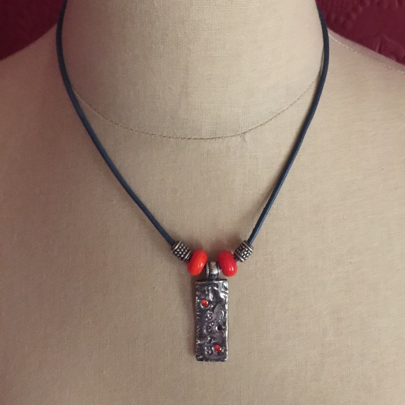 Navy and Orange Beads on Navy Cord Necklace