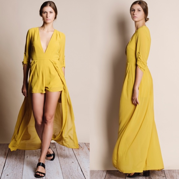 Solid Chiffon Maxi Romper Dress - Picture 2 of 4