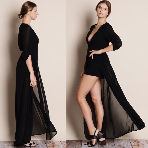 Solid Chiffon Maxi Romper Dress - Picture 4 of 4