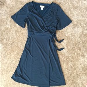 Dark Green Elegant Wrap Midi Dress -Dark turquoise