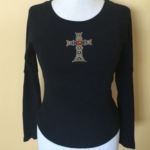 Cross Embellished Long Sleeve Black Top