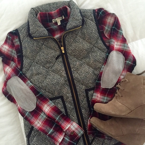 Plaid Elbow Patch Button Down Shirt/Top/Blouse - Picture 2 of 4