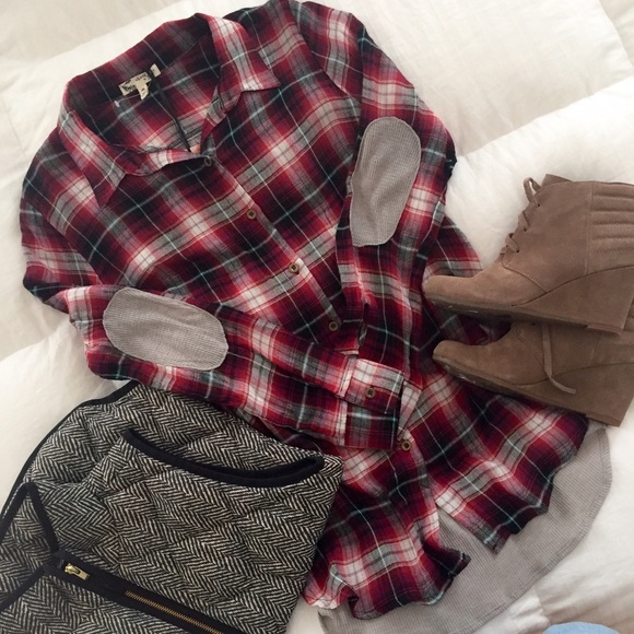 Plaid Elbow Patch Button Down Shirt/Top/Blouse - Picture 3 of 4